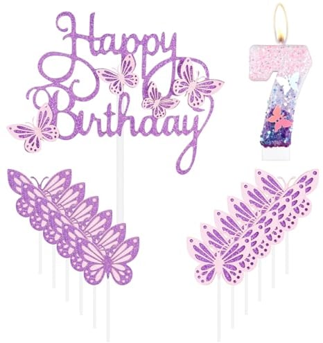 mciskin Butterfly Happy 7th Birthday Candles,Butterfly Cake Decorations,Pink Purple Number 7 Candle for Cake,Purple Cupcake Toppers Girls,Glitter Pink Topper for Girls' 7th Birthday Decorations