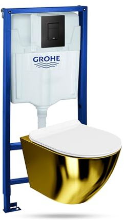 Lavita Vorwandelement Solido + Wand Hänge WC Sofi Slim Gold/Weiß Spülrandlos + WC Sitz mit Absenkautomatik Schwarzer Knopf Komplettset Unterputz Spülkasten Toilette Komplett Sett WC