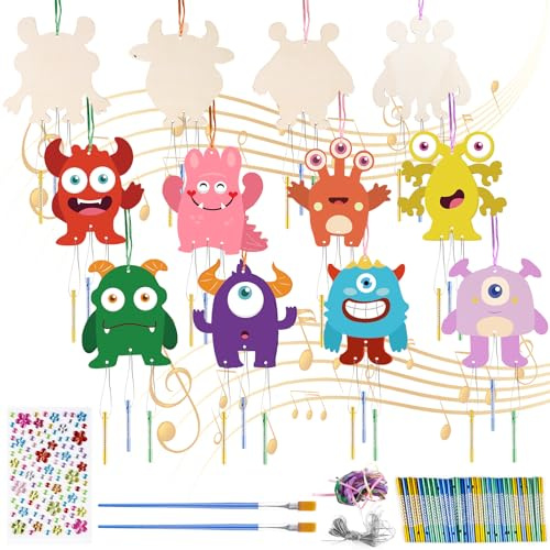 BAIFULAI 12 Stück Monster Windspiel Bastelset, Halloween Basteln Kinder Holz, Bastelhandwerk zum Bemalen Monster Holzbastelset Klangspiel Kreativsets für Mädchen Junge Halloweenszeit