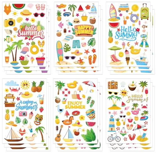 516 Stück Sommer Aufkleber für Scrapbooking, 18 Blatt Cartoon Urlaubsaufkleber für Kinder Aufkleber mit Ananas, Sonne, Pool, Hawaii Strand Aufkleber für Partygeschenke, Urlaub, Sammelalbum