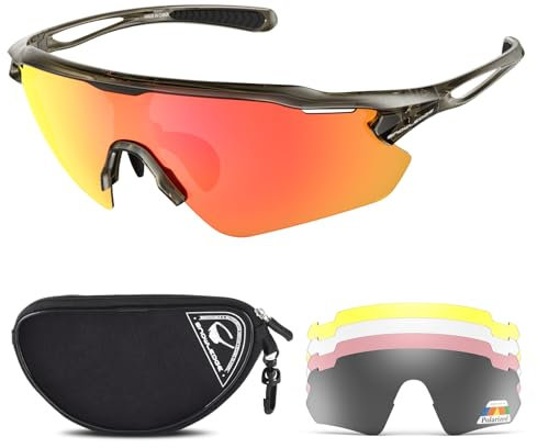 Snowledge Fahrradbrille mit 5 austauschbaren Gläsern, UV 400 Schutz, polarisierte Sport-Sonnenbrille für Herren und Damen, Laufen, Klettern, Angeln, Fahren, Golfen
