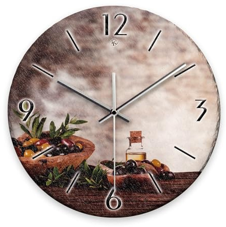 Kreative Feder Wanduhr „Bunte Oliven“ aus Stein (Keramik) in Schiefer-Optik; Durchmesser 30cm; mit leisem Uhrwerk (Bunte Oliven, leises Funkuhrwerk)