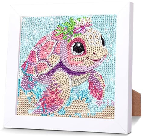 Diamond Painting Kinder Mit Holzrahmen, Diamond Painting Kinder ab 4 5 6 7 8 9 Jahre, 5D Diamant Painting Bilder Kinder Mädchen Mosaikherstellung Arts Craft Kits für Geschenk 18x18cm (Schildkröten)