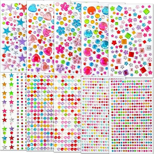 Wenrescry 2150 Stück Glitzersteine Selbstklebend, Mehrfarbig Strasssteine zum Basteln, Glitzer Sticker für Kinder DIY Handwerke, Verschiedene Formen, Schmucksteine Deko für Gesicht und Nägel