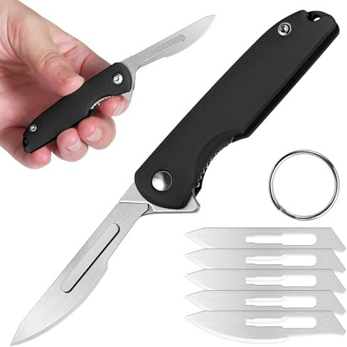 DRACHENADER Couteau à main Scalpel Petit, Couteau de poche avec 5 Lames Interchangeables Figure 24, Liner Lock sûr, Couteau porte-clés, Mini couteau pliant pour femme homme (A- Noir)