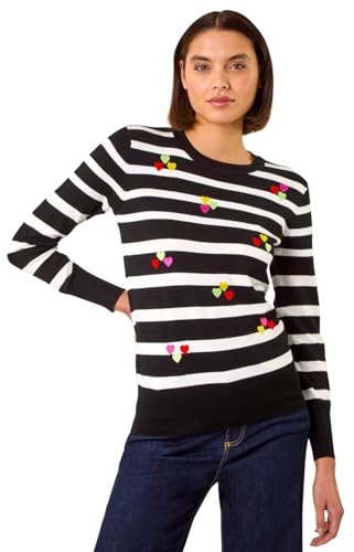 Roman Originals Women Stripe Print Jumper Ladies Winter Autumn Knit Knitted Sweater Embroidered Knitwear Casual Smart Round Crew Neck Pull Over Everyday Going Out Party - Noir Multi - Size 14