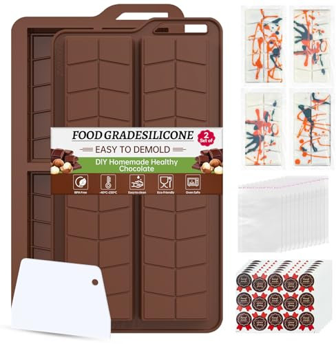 ZONBBEE Chocolate Bar Moulds Silicone Non Stick 0.82inch Deep,Large Dubai Chocolate Stuffed Mold Kit for Making Thick Pistachio Candy Granola Bar with 2 Pack and 100pcs Bags and 104pcs Stickers