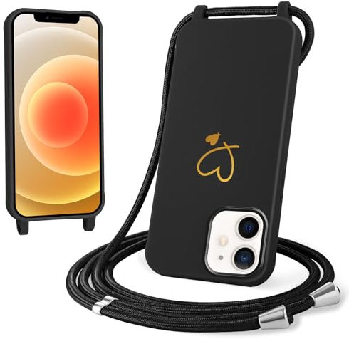 Woijrly handyband Handyhülle für iPhone 12/iPhone 12 Pro Hülle mit Band Kette, Dünn TPU Silikon Herz Motiv Necklace Case mit Kordel zum Umhängen Abnehmbar Stoßfest Schutzhülle für iPhone 12, Schwarz