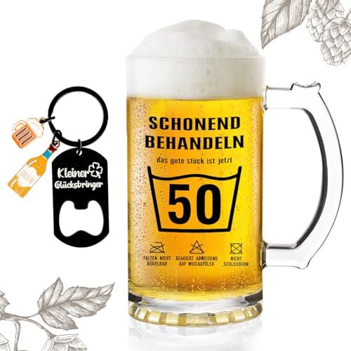 TUZELIYA „Schonend Behandeln – 50“ Bierglas – Lustiges 50. Geburtstag Geschenk für Männer & Frauen – Hochwertiger 0,5L Bierkrug ohne Blasen + Schlüsselanhänger mit Flaschenöffner – Geschenk mit Humor
