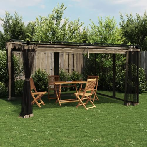 Emmtore Pavillon mit Netzwände Schiebedach, Sonnenschutz Überdachung für Terrasse Garten, Gartenpavillon Terrassendach Gartenzeltn Taupe 4x3 m Stahl