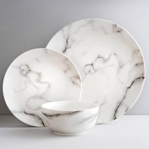 White Marble Effect Dinner Set 12pc - Glorious White Marble Effect Set of Dining Essentials That Fit in with Most Decors - Includes: 4 X Dinner Plates, 4 X Side Plates, 4 X Bowls