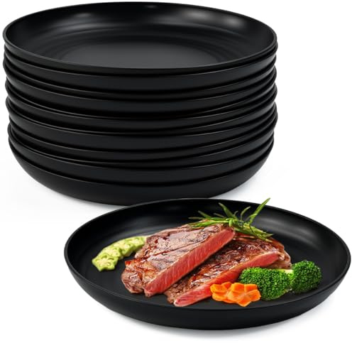 EAAGHK Schwarze Kunststoff teller Set 12 Stück 22.5 cm, PP Dessertteller Unzerbrechlich Leicht Wiederverwendbar Teller Salatteller Nudelschalen für Hochzeiten Geburtstage Camping Grillpartys Partys
