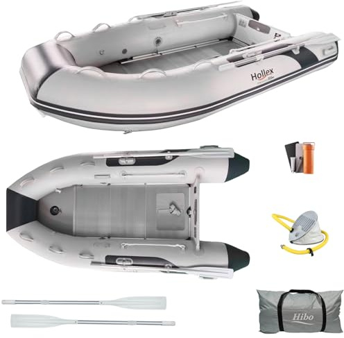 HIBO Hollex by Schlauchboot - Airdeck und Aluminium Boden - 0.9 mm 1150 Denier PVC - Polyester Spiegel - Aufblasbarer Kiel - Hellgrau - Komplett Ausgestattet