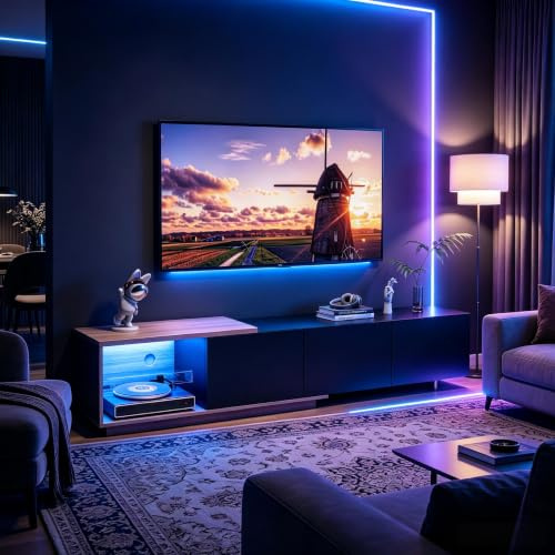 Mobile per TV modulare con illuminazione LED, Mobile per TV allungabile con 3 cassetti, Armadio per TV con spazio aperto, Set di mobile TV moderno che può essere aperto e chiuso (Nero-1, 240x38x44 cm)