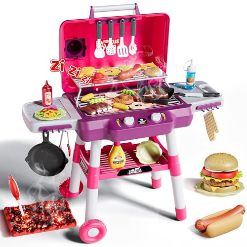 Kids Play Kitchen Toys, Kids BBQ Grill Playset,2-Tier Barbecue Toy with Wheels, Smoke Sound Light, Outdoor Play Food Toys Cooking Set, Birthday Gift for Toddlers 3-5(Pink)