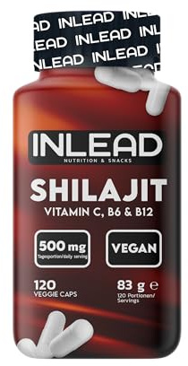 INLEAD - Shilajit Caps | Shilajit-Extrakt mit Vitamin C, B6 & B12 für bewusste Ernährung & aktiven Alltag | 501mg pro Kapsel | Vegane Kapseln - 120 Kapseln