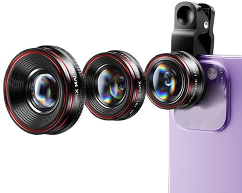 Jectse Kit D'Objectif D'appareil Photo 3 en 1 pour Smartphone, Objectif Fisheye Grand Angle 120° 25X Macro 235° avec Réglable, pour la Plupart des Smartphones, Tablettes,
