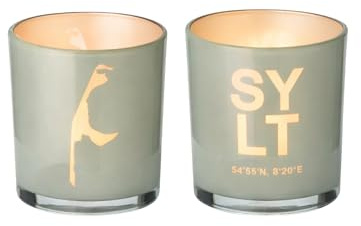 EDZARD Teelichtglas Sylt 2er-Set (Höhe 8 cm, Ø 7 cm), grau, innen Silber | Inselkoordinaten leuchten im Kerzenschein auf · Geschenk zur Einschulung, zum Abschied oder als Urlaubserinnerung
