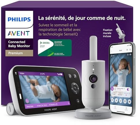 AVENT Philips Babyphone caméra Premium avec appli – caméra HD 1080 px, Suivi IA Sommeil et Respiration, interprétation des Pleurs, certifié Dekra cybersécurité maximale, Fixation Murale, SCD974/26