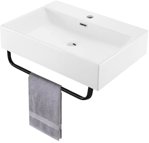 Lavabo moderno de cerámica montado en la pared con toallero y rebosadero, para baño, blanco, grande, rectangular, de porcelana, para autocaravanas, inodoros