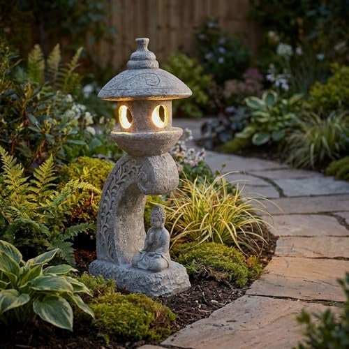 Arnusa Solar Gartenleuchte Pagode 60 cm – LED Gartenlampe in Steinoptik mit Buddha – warmweiß – Solar Laterne für Garten, Terrasse & Teich