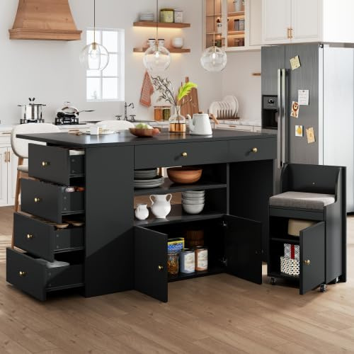 phosir Isla de cocina independiente con encimera y 6 cajones, ruedas con taburetes integrados, ancho ajustable (40-70 cm), color negro con asas doradas