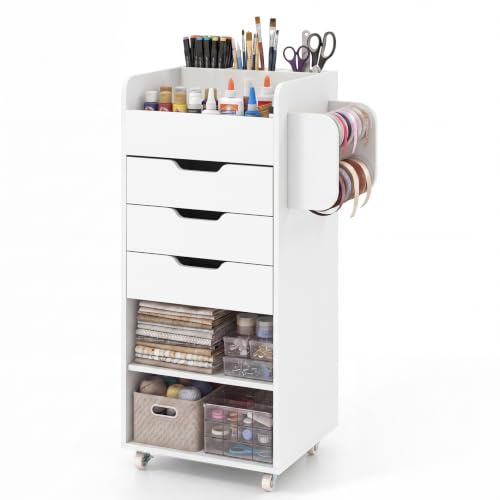 COSTWAY Rollcontainer mit 3 Schubladen, Rollwagen auf Rollen (Weiß) | Bastelwagen mit 2 Rollstangen & 3 Fächern, Bastelschrank aus Holz, Schreibtisch Unterschrank, Bürocontainer für Zuhause, Büro