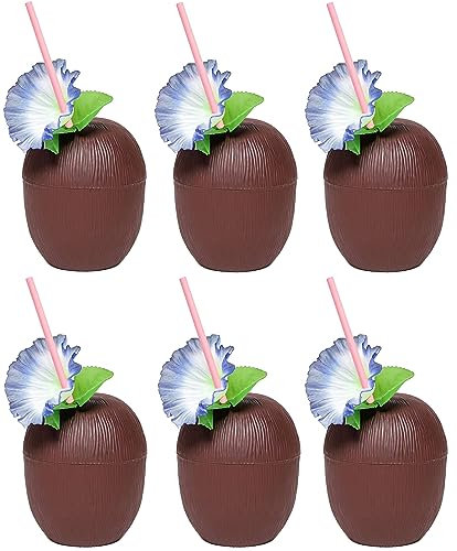 12 x Coconut Cups with Paper Straws - Reusable Plastic 18oz Hawaiian Party Cups with Decorative Flowers for Tropical Luau, Tiki, Hula, Beach Parties - Perfect for Cocktails & Exotic Drinks