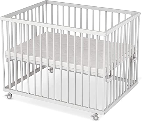 Sämann® Laufgitter 75x100 cm mit Matratze und Schlupfsprossen, stufenlos höhenverstellbar, Baby Laufstall, Buche, gummierte Rollen, Buche weiß lackiert