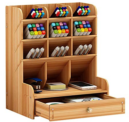 Wooden Desk Organiser Multi-Functional Drawer Stationery Desktop Storage Box Desk Tidy Pen Holder for Home, Office and School (Cherry Color)