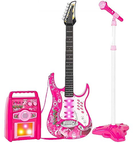 BAKAJI Chitarra Elettrica con Microfono Karaoke e Cassa Amplificatore AUX MP3 Giocattolo Bambini con Luci Effetti Sonori Musicali Musica Demo Tracolla e Asta Regolabile (Rosa)