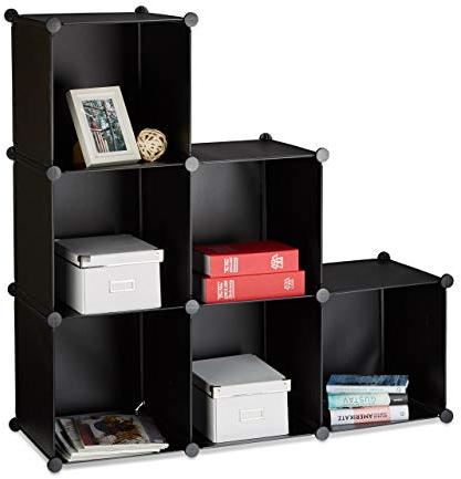 1 x Stufenregal 6 Fächer, Steckregal als Kleiderschrank oder Raumteiler, offenes Regalsystem, HBT 110x110x35cm, schwarz