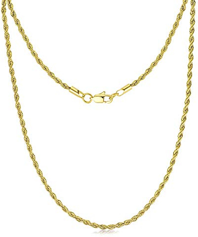 FOSIR 3mm 4mm 5mm Stainless Steel Mens Womens 18ct Real Gold Plated Twist Rope Chain Necklace, 18-30 Inch