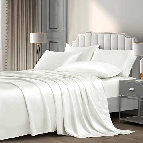P Pothuiny 6-teiliges Satin-Bettwäsche-Set für King-Size-Bett, seidig, elfenbeinfarben, Weiß, 1 Spannbettlaken mit tiefen Taschen + 1 Bettlaken + 4 Kissenbezüge