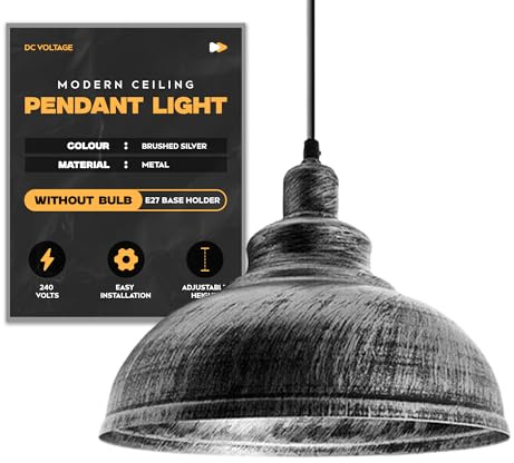Pendant Light Brushed Silver Kitchen Ceiling Lamp E27 Hanging Light Shade | Metal Lampshade E27 Base with Adjustable Cable Hanging Light Fitting for Kitchen Living Room Bedroom Restaurant Office Bar