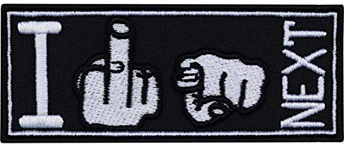 Mittelfinger Aufnäher I F**** YOU NEXT Aufbügler Jeans Flicken lustiges Bügelbild Rocker Heavy Metal Biker Patch zum annähen/aufbügeln | Applikation für alle Stoffe | 100x40mm