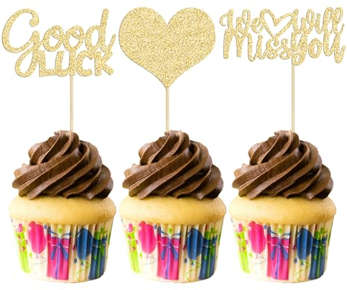 Gyufise 36Pcs Gold Glitter We Will Miss You Cupcake Toppers with Love Glitter Good Luck Cupcake Picks Going Away Farewell Retirement Theme Party Cake Decorations Supplies