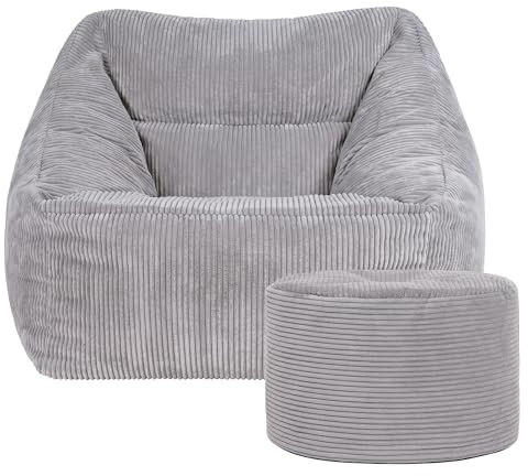 icon Natalia Cord Bean Bag Chair & Footstool with Filling Included, Grey | Made in the UK, Adult Beanbag, Soft Corduroy Fabric, Armchair, Comfy Chair for Lounge and Bedroom