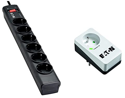 Eaton Protection Strip 6 Tel@ & Protection Box 1 - Multiprise/Parafoudre - 6 Prises + 1 Prise Téléphonique - Noir & Blanc