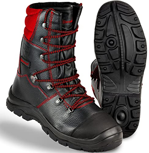 Safetytex Forst-Schnürstiefel - Forststiefel Sägeschutzklasse 1 - Kettensägen Schnittschutzstiefel - Waldarbeiterstiefel Schwarz/Rot - Leder Forst Schnürstiefel - Größe 45