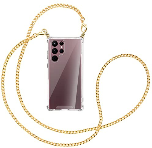 mtb more energy® Handykette kompatibel mit Samsung Galaxy S22 Ultra 5G (SM-S908, 6.8'') - Metallkette (Gold) - Befestigung Oben - Smartphone Hülle zum Umhängen - Full TPU Case