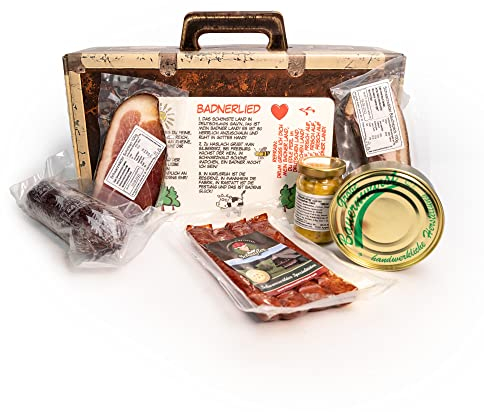 Koffer Badnerlied - Geschenkkorb mit Brettchen - Schinken und Salami 7 Teile - Präsentkorb mit Vesperbrett und Badnerlied Aufdruck