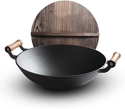 ZXFDMSWJ Poêle Wok en Fonte Style Ancien Wok ménage Wok Fer à Fond Rond Double Oreille Manche en Bois Wok 36 cm, 36 cm