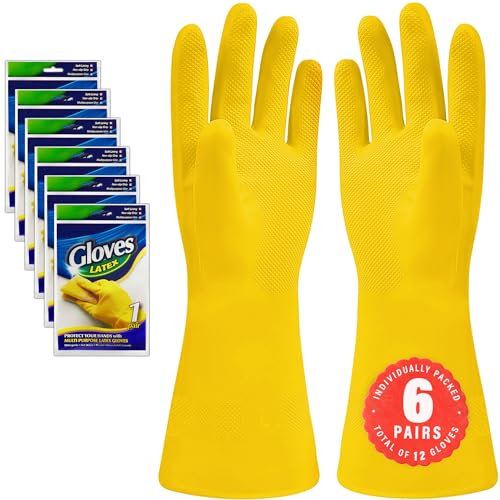 SteadMax Paquete de 6 guantes de limpieza amarillos, guantes profesionales de látex de caucho natural, guantes reutilizables para lavavajillas, cocina de tamaño grande (6 pares)