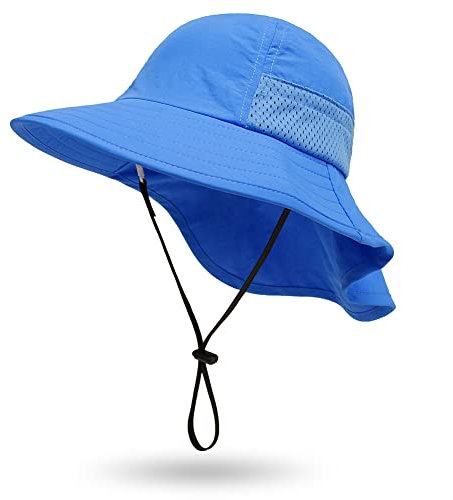 YAMEE Sonnenhut für Kinder, Strandhut mit Nackenklappe, UV-Sonnenschutz, LSF 50+, breite Krempe, Safari-Angelhut für Baby, Kleinkind, Kind, blau, 2- 8 Jahre