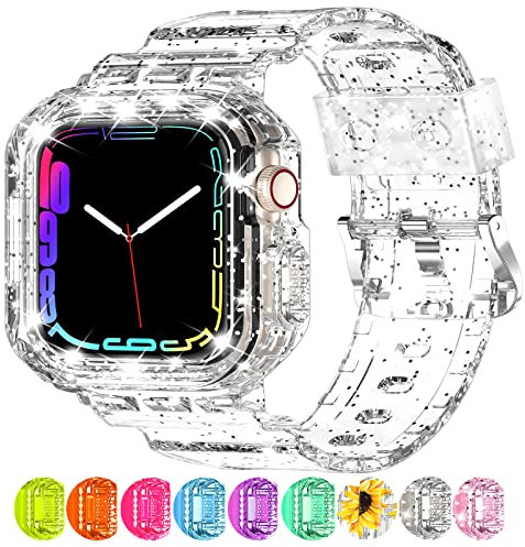 XYF Compatible for Crystal Clear Apple Watch Bands, 41mm 40mm 38mm Bumper Case for Men Women Jelly Sport Cover Strap for iWatch Ultra 2/1 Series 10 9 8 7 SE 6 5 4 3 2 1 (GlitterClear, 38/40/41)