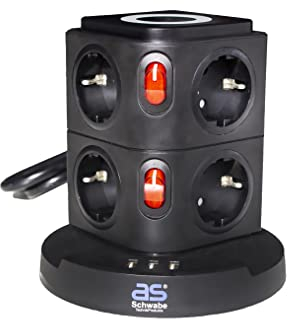 as - Schwabe 8-Fach Mehrfachsteckdose & Induktionsladefläche - 2 m Kabel - Steckdosenwürfel mit 3 USB-Ports - Cube Steckdose - Steckdosenturm, schwarz, 18221
