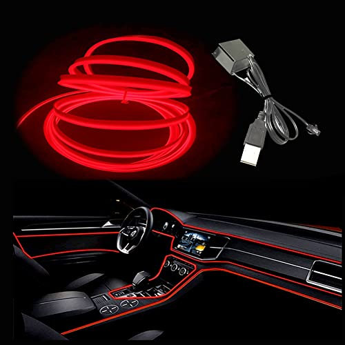 El Wire Bande lumineuse LED, 5 m de fil néon USB 5 V avec protection par fusible pour décoration intérieure de voiture automobile avec bord de couture de 6 mm (5 mètres, red)