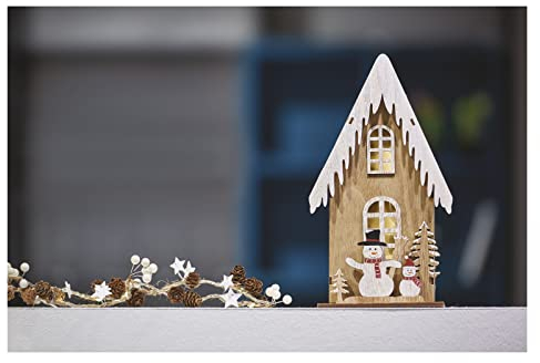 EMOS Leuchtendes Holzhaus mit Schneemännern, 3 LEDs warmweißes Licht, Weihnachtsdekoration, IP20 Innenbereich, 10000h Lebensdauer, 6/18 h Timer, 0,2 Watt, 16 x 11,5 x 28,5 cm