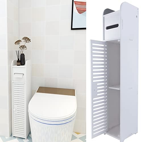Slim Bathroom Storage Unit, Freestanding 1 Door 3-Tier Side Storage Organizer, Toilet Roll Paper Cabinet, W6.3''x D6.3''xH32'', White